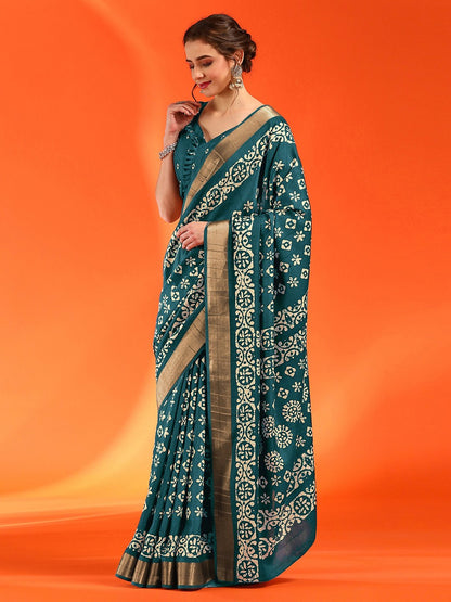 Teal Sungudi Silk Blend Printed Saree