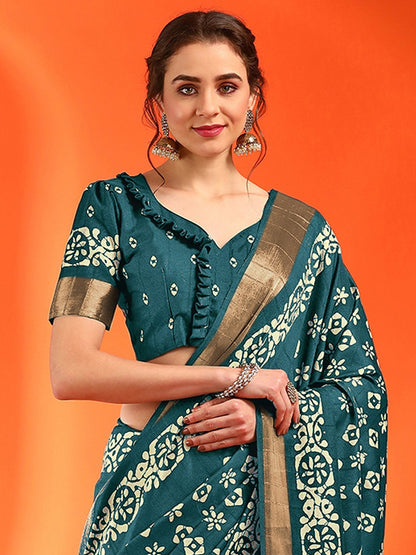 Teal Sungudi Silk Blend Printed Saree