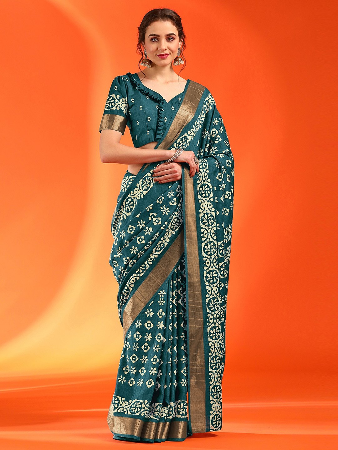 Blue Teal Sungudi Silk Blend Printed Saree