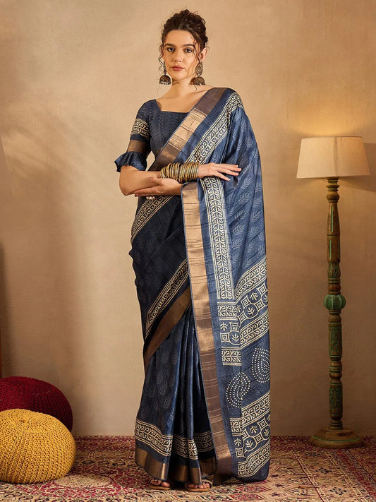 Blue Navy Sungudi Silk Blend Printed Saree