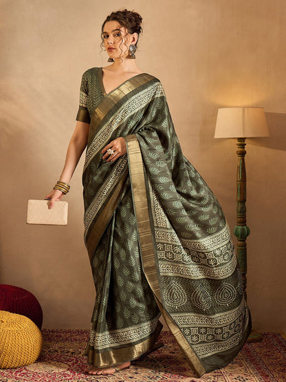 Olive Sungudi Silk Blend Printed Saree