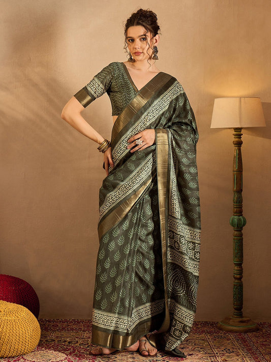 Green Olive Sungudi Silk Blend Printed Saree