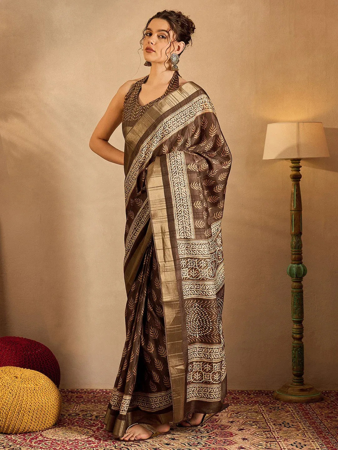 Brown Sungudi Silk Blend Printed Saree