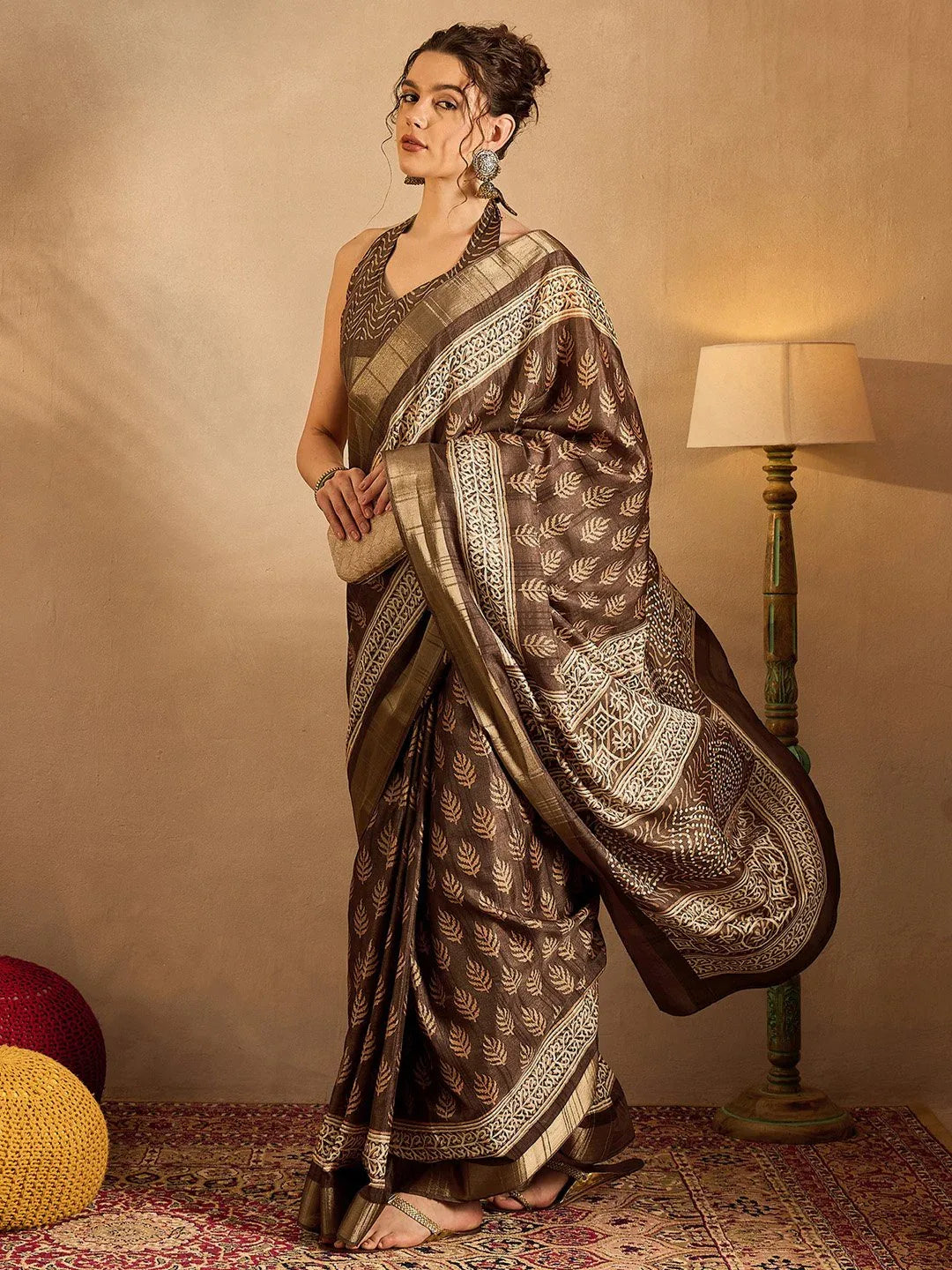 Brown Sungudi Silk Blend Printed Saree