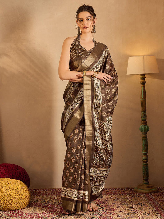 Brown Brown Sungudi Silk Blend Printed Saree