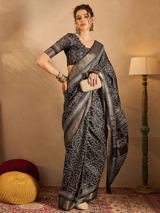 Black Black Sungudi Silk Blend Printed Saree