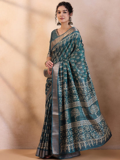 Teal Sungudi Silk Blend Printed Saree