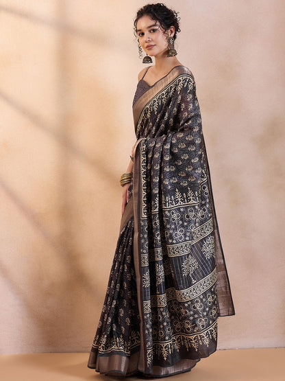 Black Sungudi Silk Blend Printed Saree