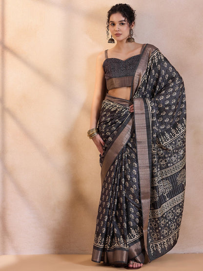 Black Sungudi Silk Blend Printed Saree