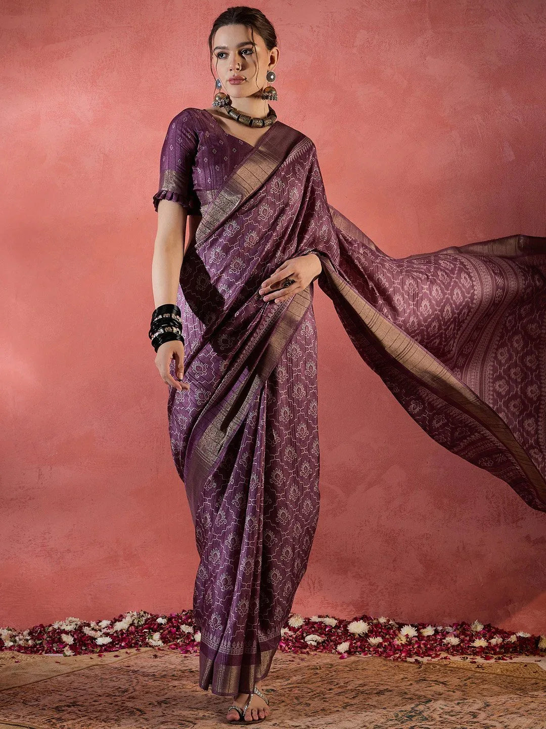 Magenta Pink Soft Printed Silk Saree - The Dori Store