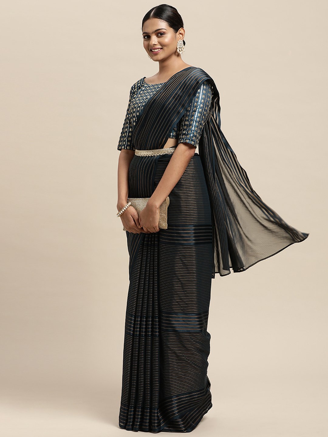 Tealblue Party Wear Georgette  Solid Saree