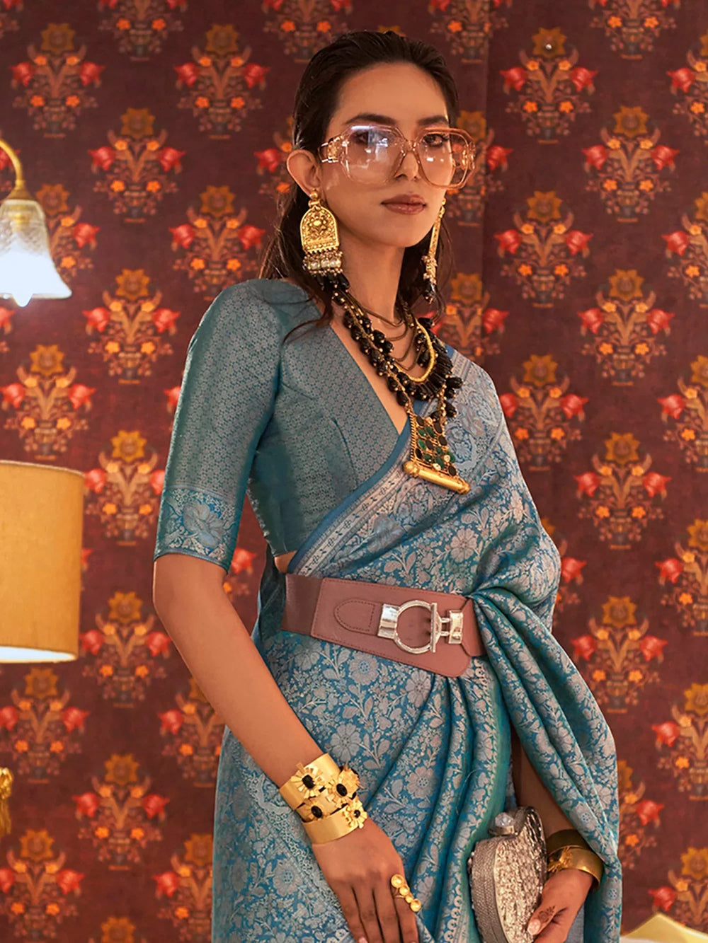 Ethnic Blue Kanjeevaram Silk Saree - The Dori Store