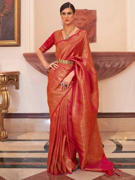 Red Red Banarasi Silk Blend Woven Saree