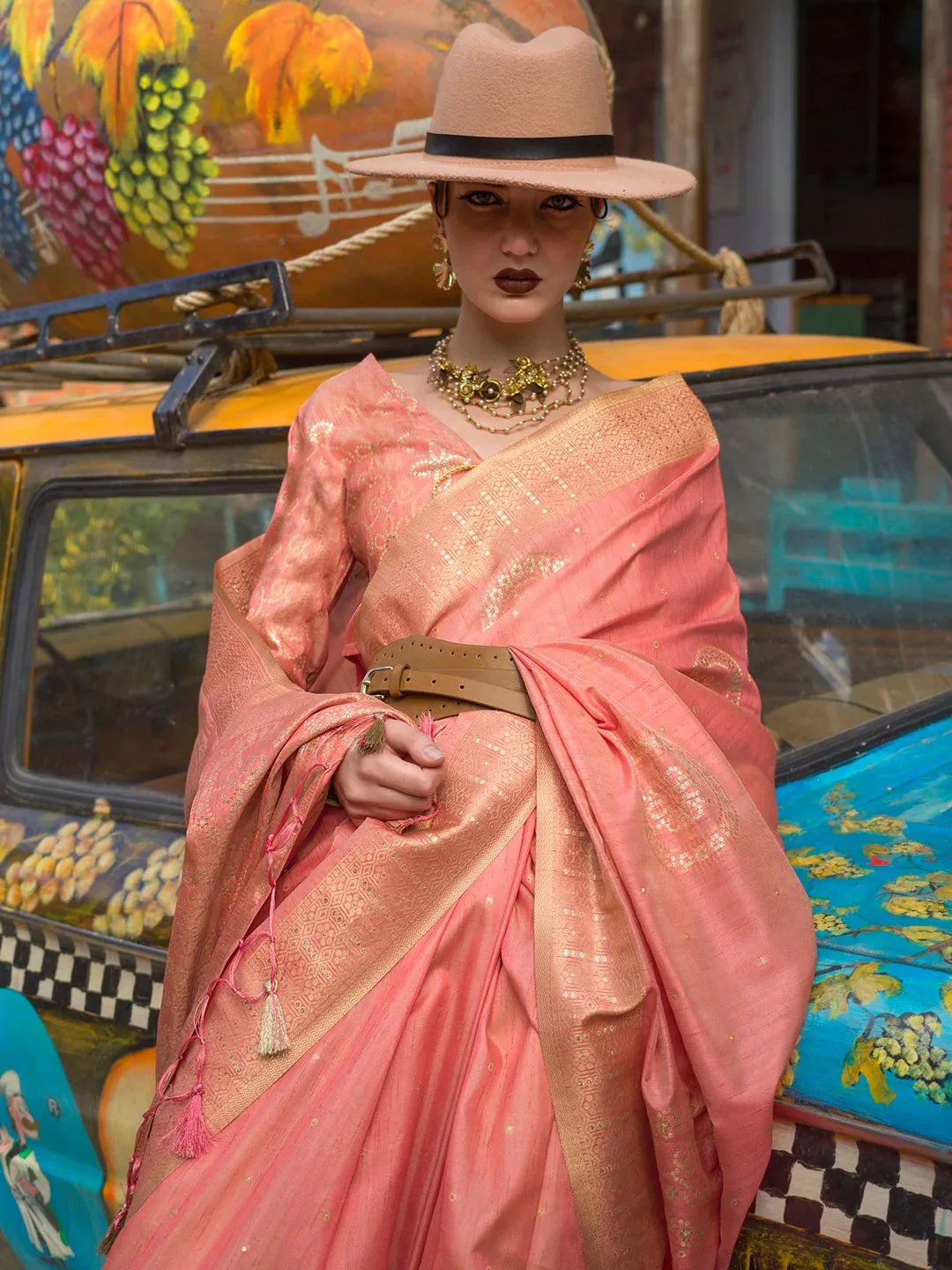 Peach Banarasi Silk Blend Woven Saree - The Dori Store