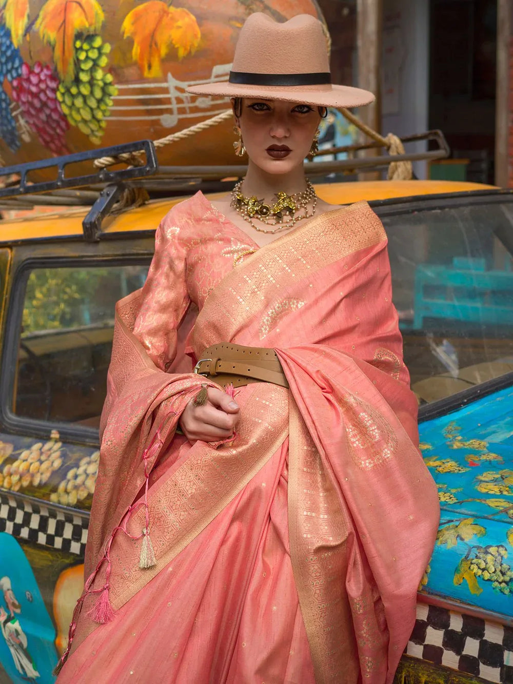 Peach Banarasi Silk Blend Woven Saree - The Dori Store
