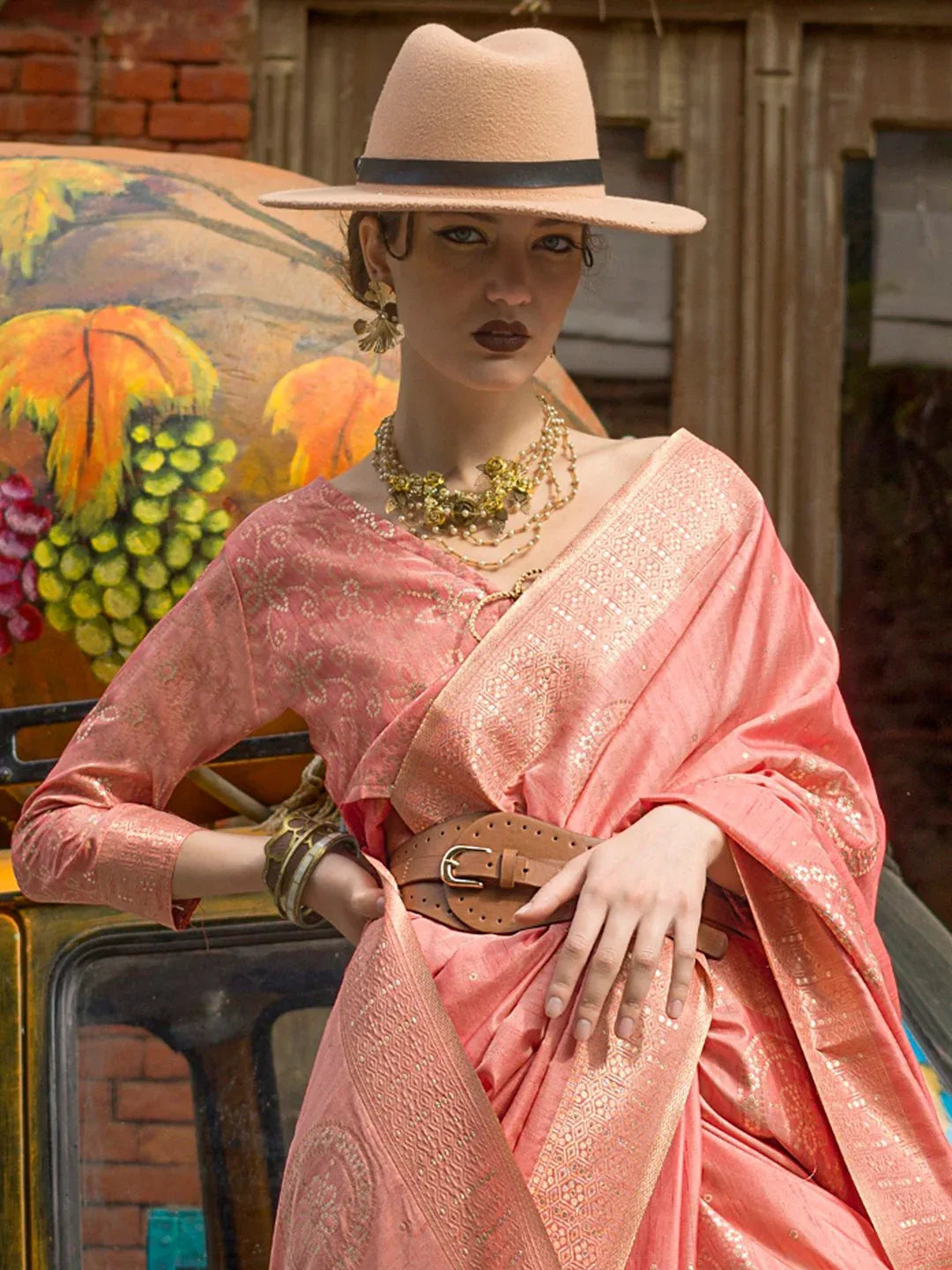 Peach Banarasi Silk Blend Woven Saree - The Dori Store