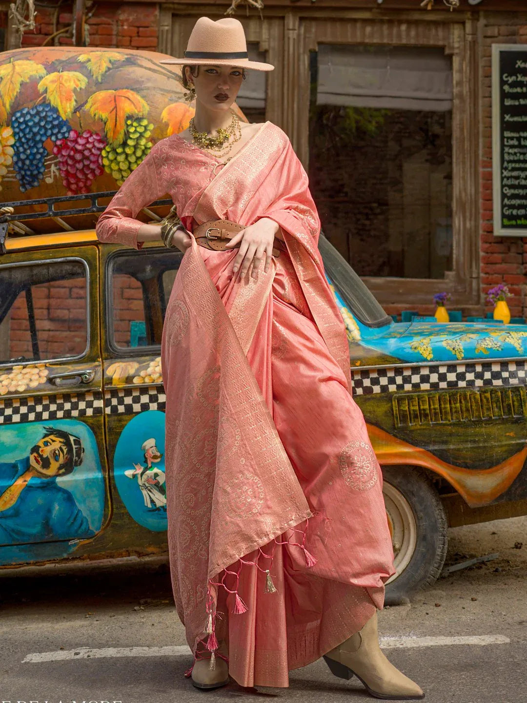 Peach Banarasi Silk Blend Woven Saree - The Dori Store