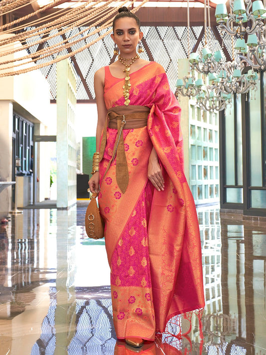 Pink Pink Banarasi Silk Blend Woven Saree