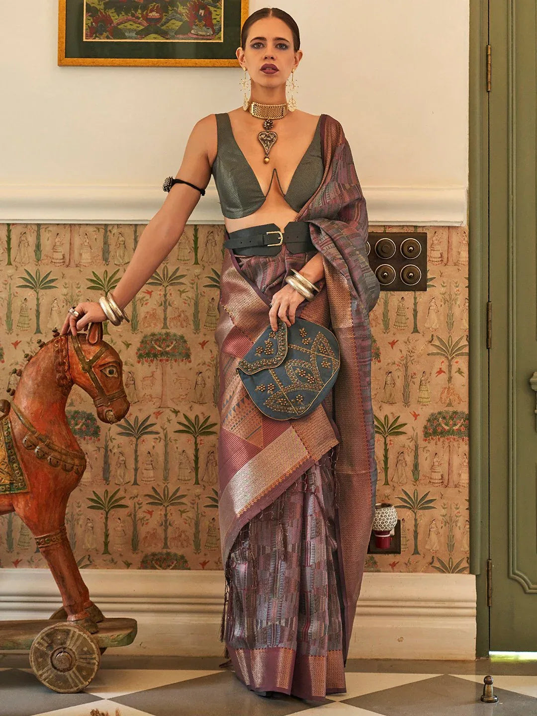 Grey Mauve Banarasi Organza Woven Saree