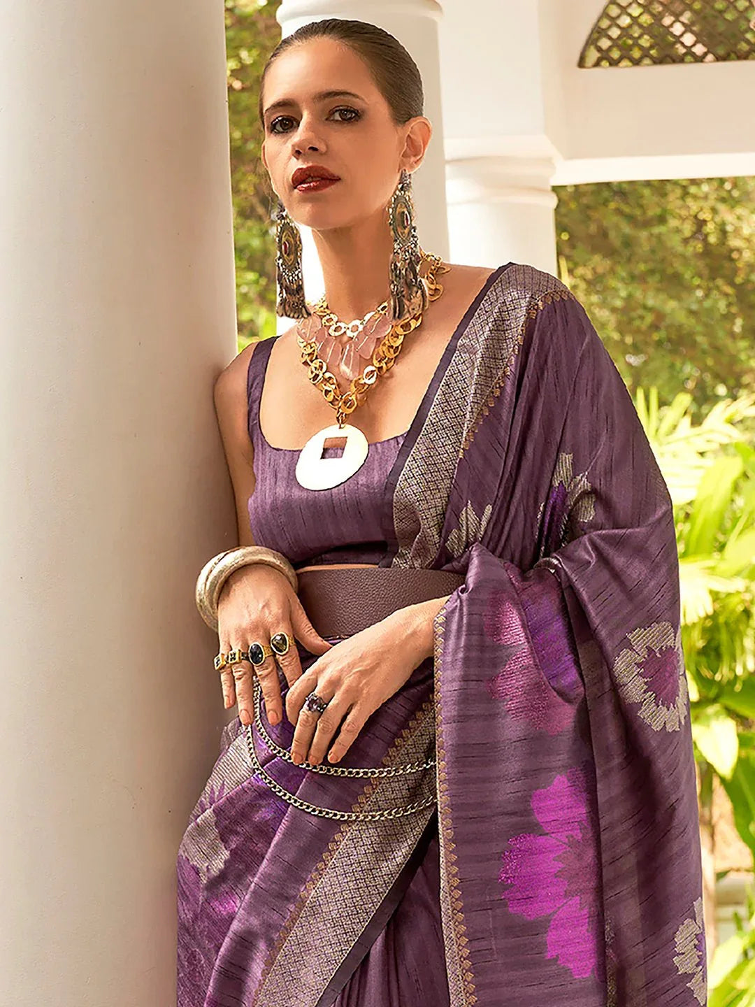Purple Banarasi Silk Blend Woven Saree