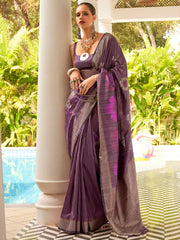Purple Purple Banarasi Silk Blend Woven Saree