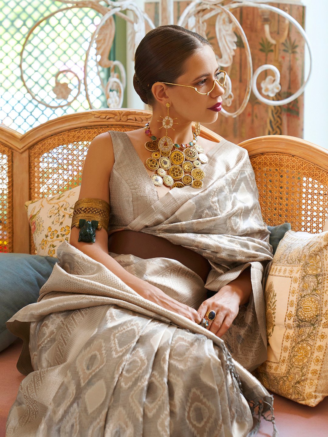 OffWhite Banarasi Tissue Woven Saree