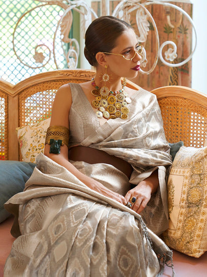 OffWhite Banarasi Tissue Woven Saree