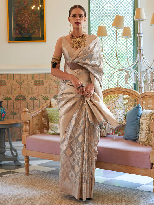 Grey OffWhite Banarasi Tissue Woven Saree
