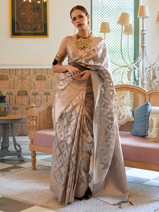 Grey  Banarasi Tissue Woven Saree