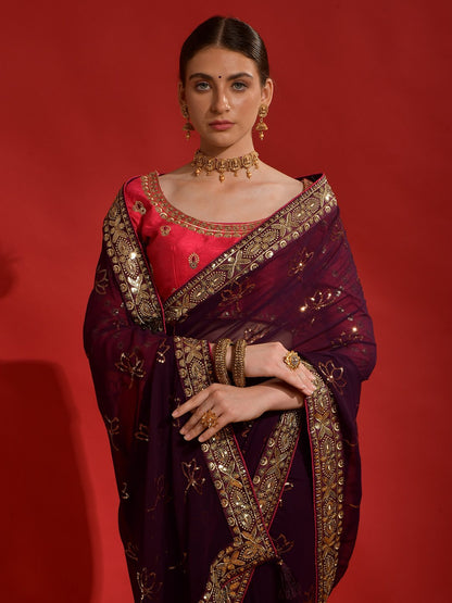 Burgundy Party Wear Georgette Embellished Saree