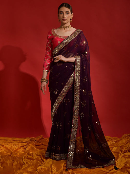 Purple Burgundy Party Wear Georgette Embellished Saree