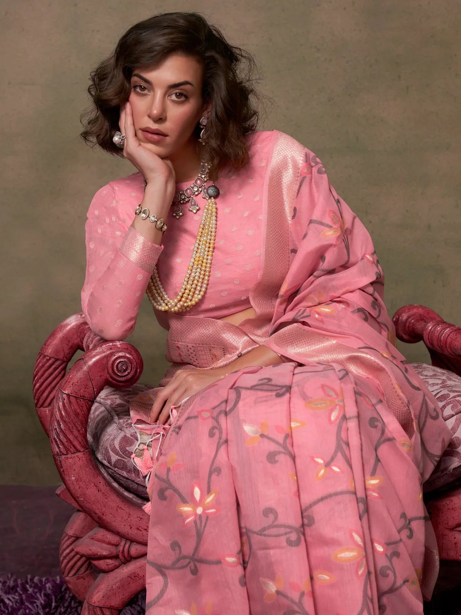 Beautiful Pink Woven Banarasi Jamdani Saree - The Dori Store