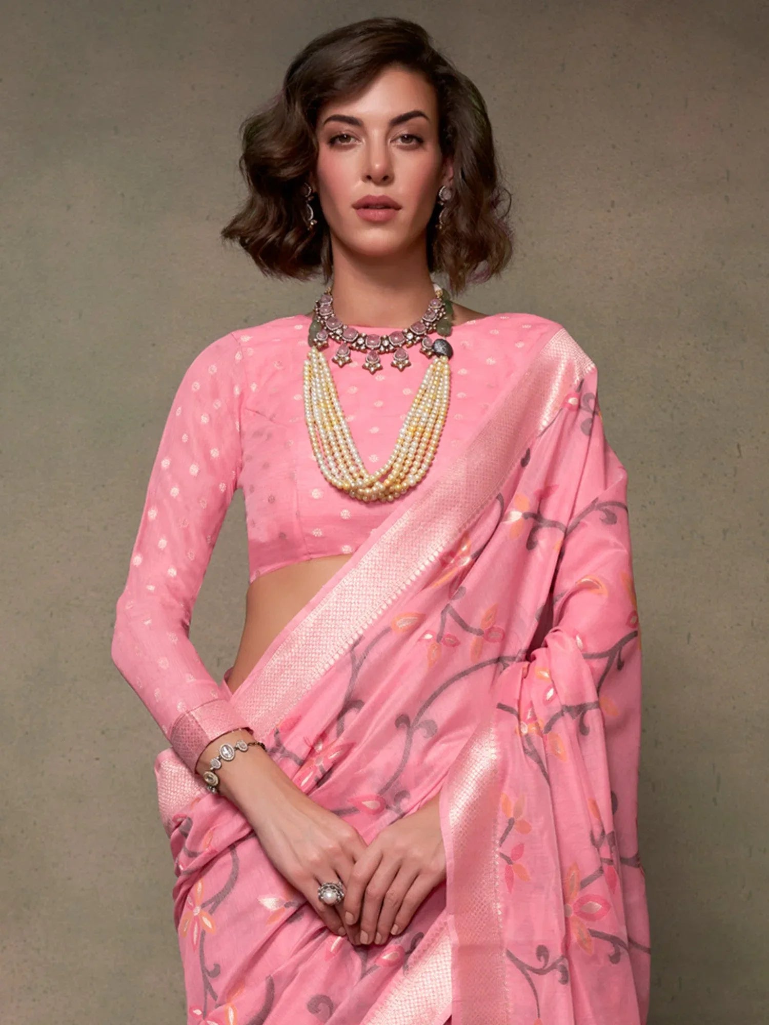 Beautiful Pink Woven Banarasi Jamdani Saree - The Dori Store