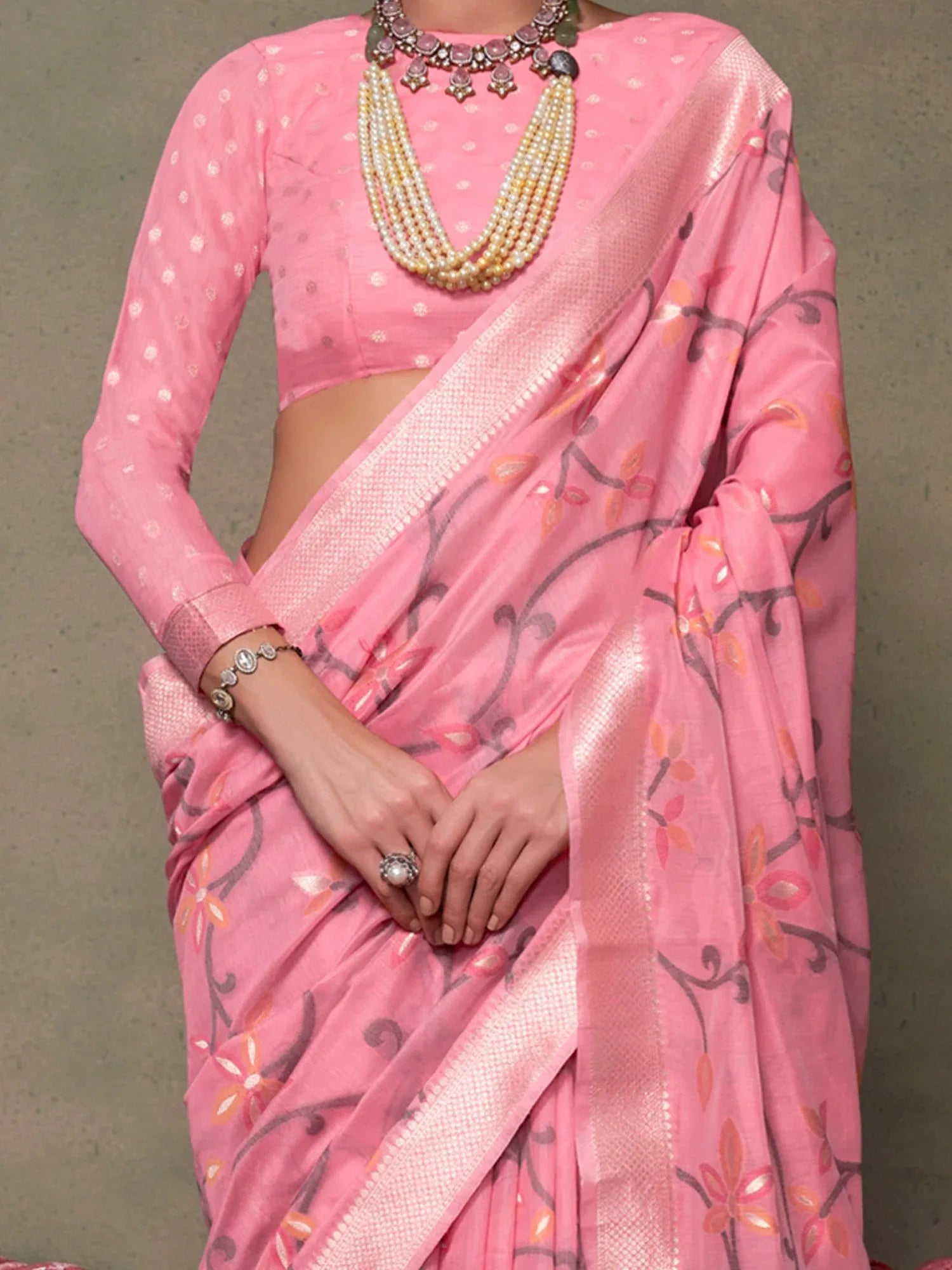 Beautiful Pink Woven Banarasi Jamdani Saree - The Dori Store