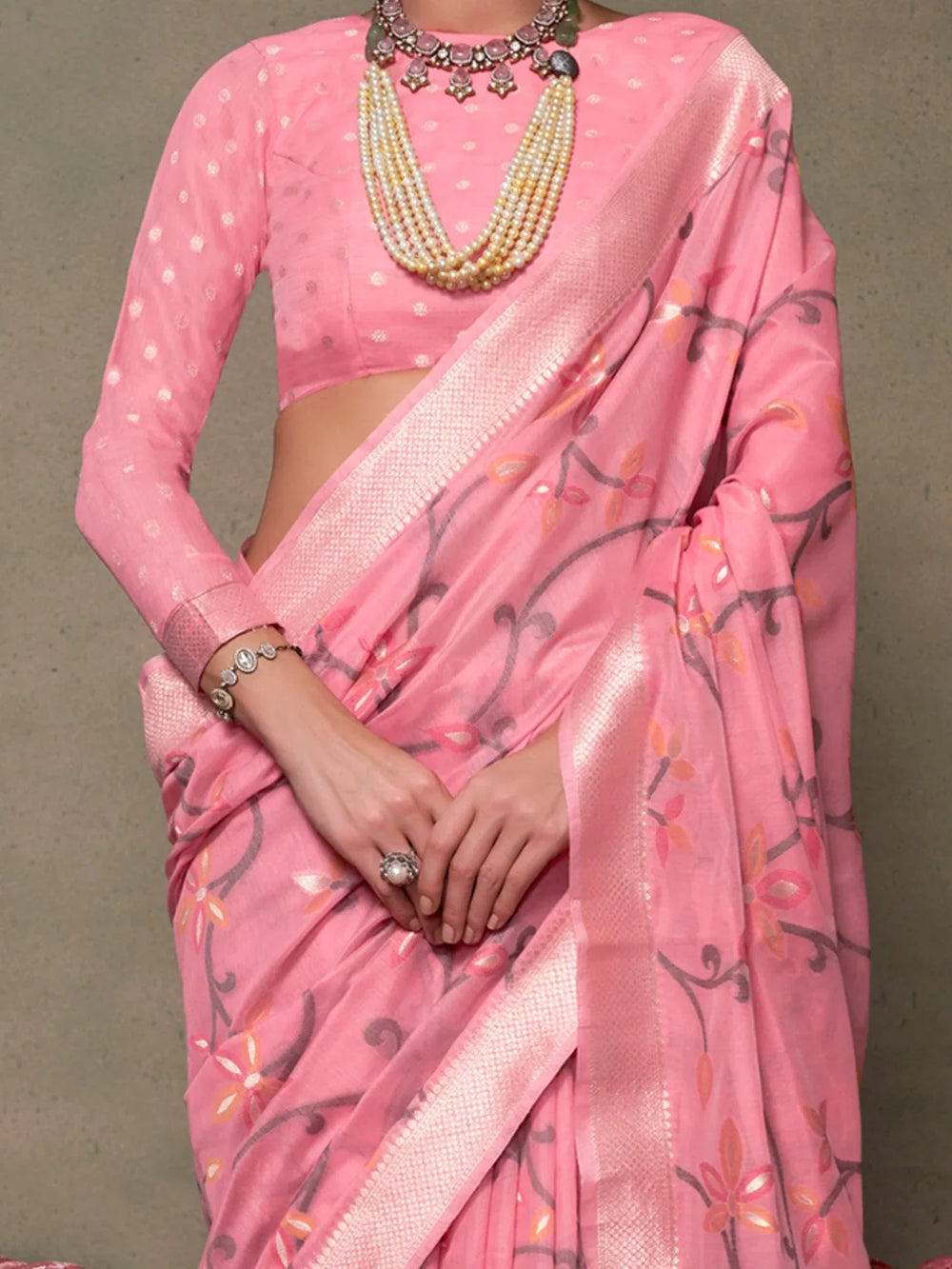Beautiful Pink Woven Banarasi Jamdani Saree - The Dori Store
