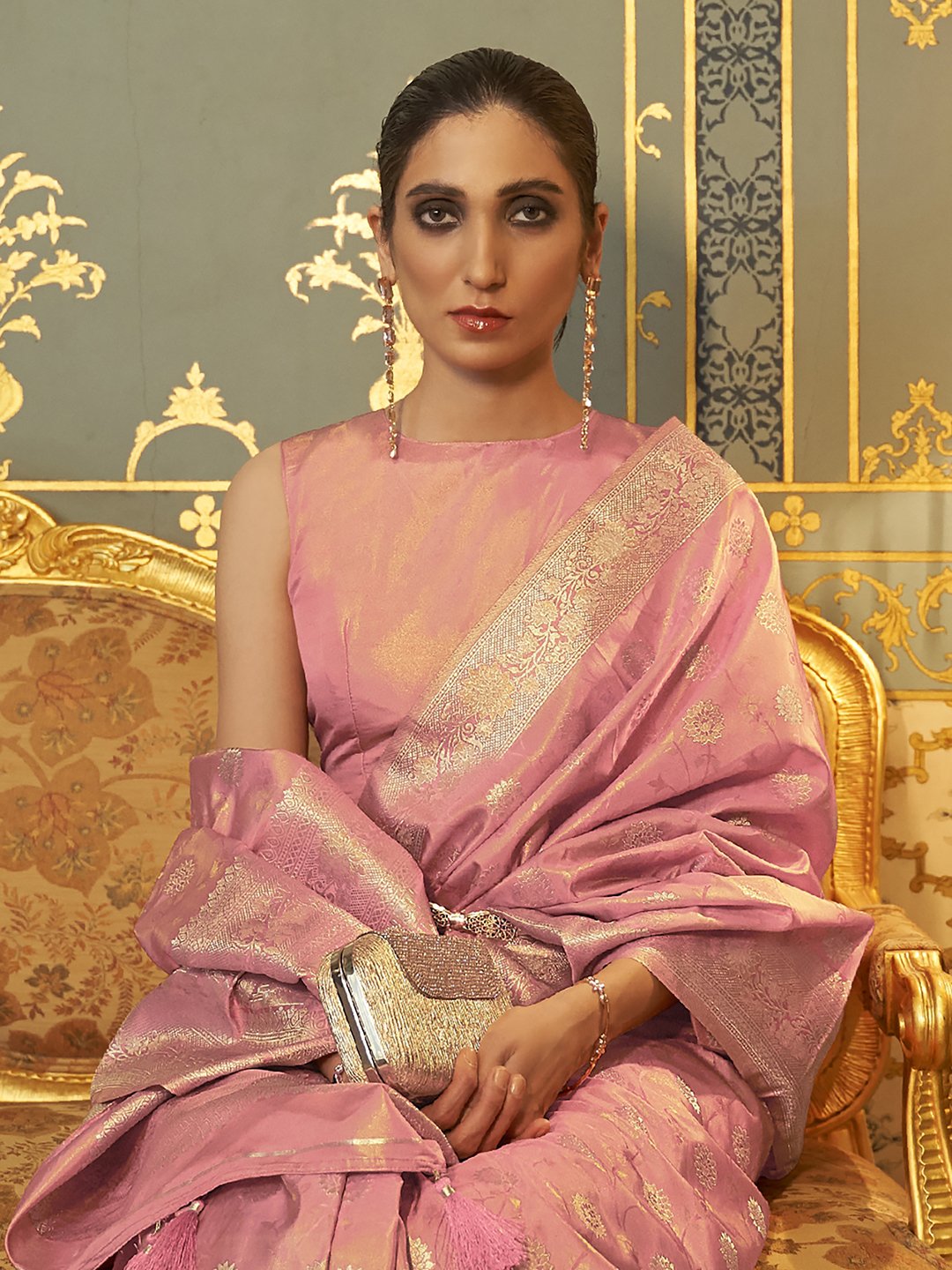 Pink Banarasi Silk Blend Woven Saree