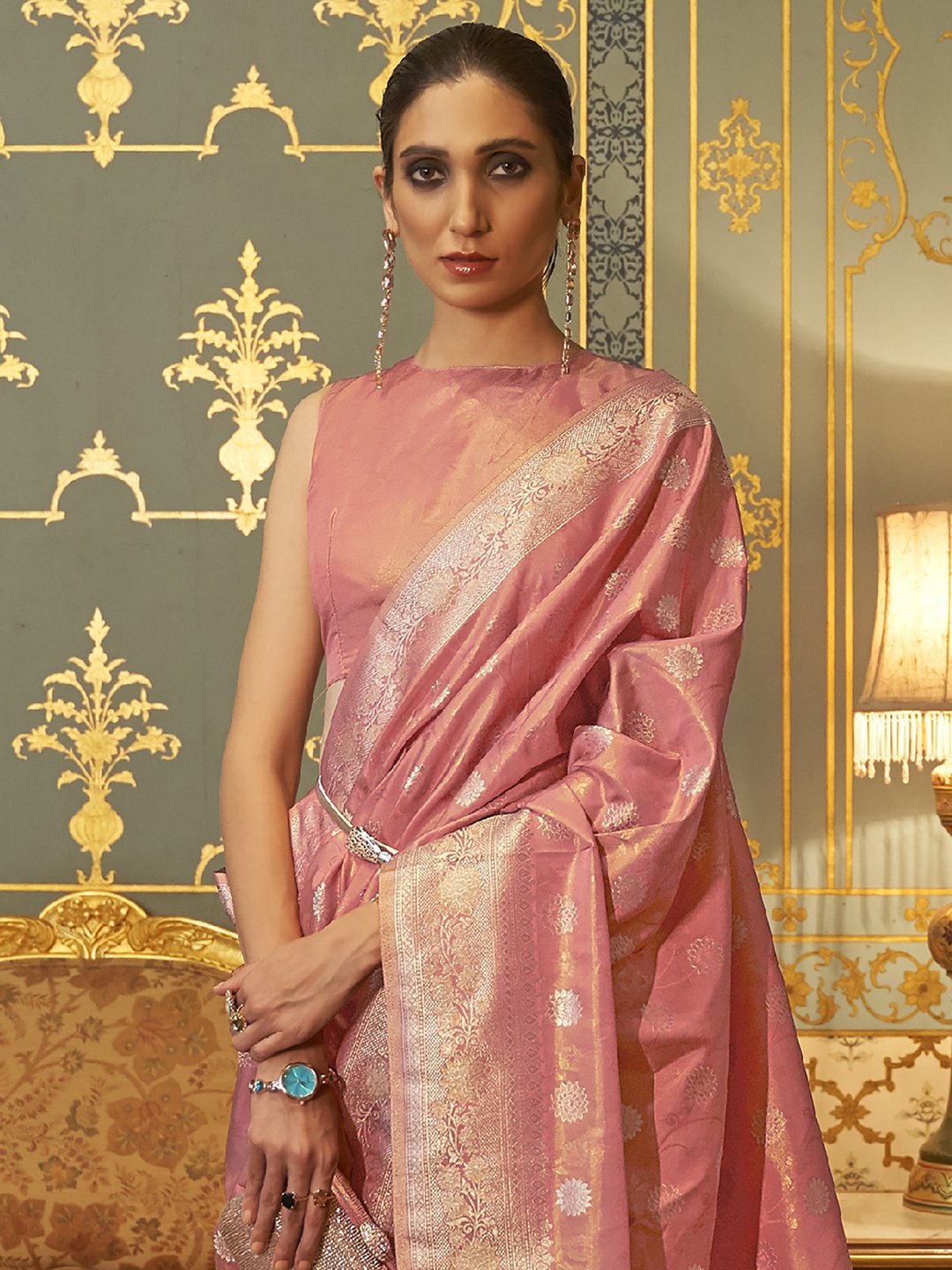 Pink Banarasi Silk Blend Woven Saree