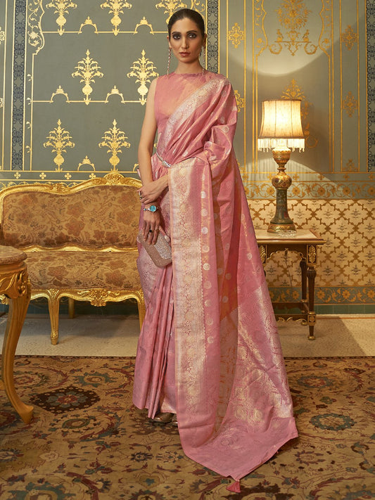 Pink Pink Banarasi Silk Blend Woven Saree