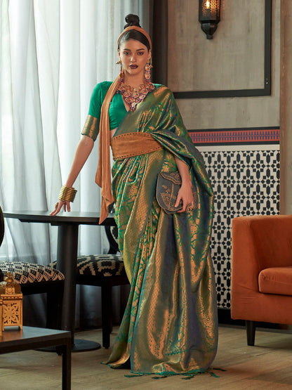 Green Green Kanjeevaram Silk Blend Woven Saree
