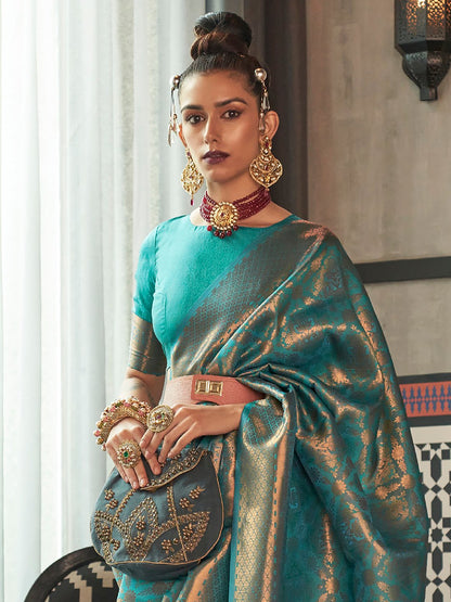 Tealblue Kanjeevaram Silk Blend Woven Saree