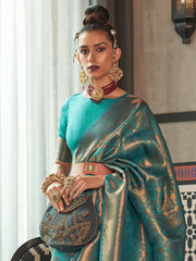 Ocean Blue Kanjeevaram Silk Blend Woven Saree