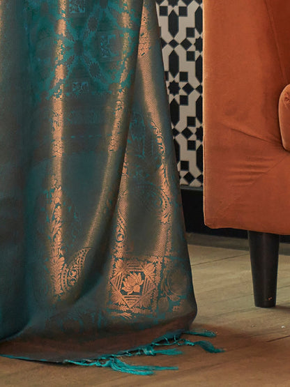 Tealblue Kanjeevaram Silk Blend Woven Saree