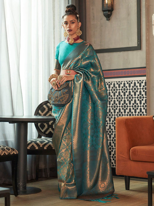 Blue Tealblue Kanjeevaram Silk Blend Woven Saree