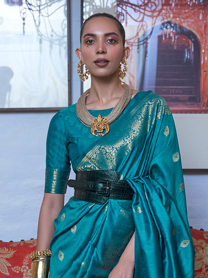 Tealblue Chanderi Silk Blend Woven Saree