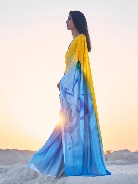 Blue Light Party Wear Crepe Printed Saree