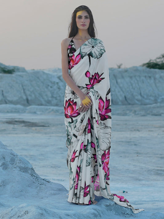 White Off Banarasi Crepe Printed Saree