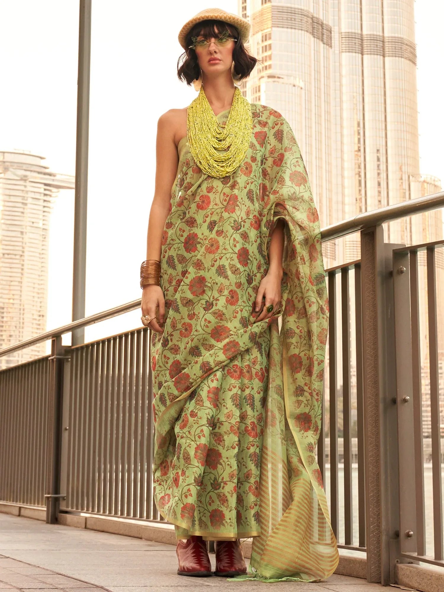 Light Green Printed Soft Silk Saree - The Dori Store
