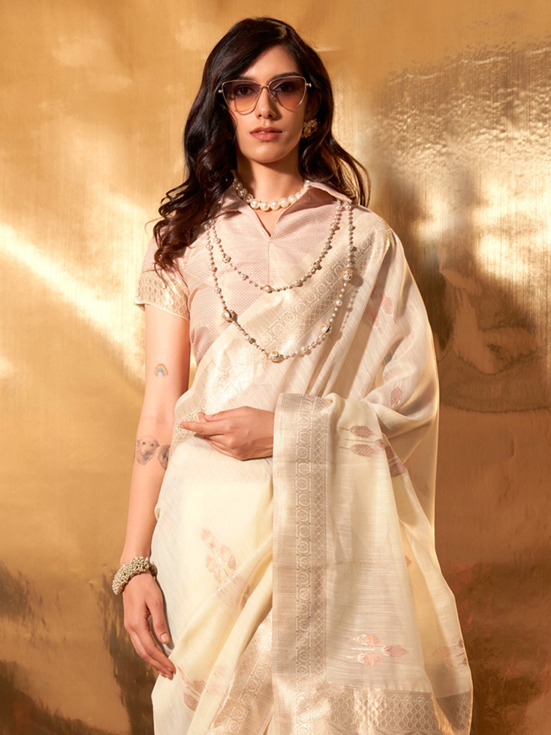 Cream Banarasi Linen Woven Saree