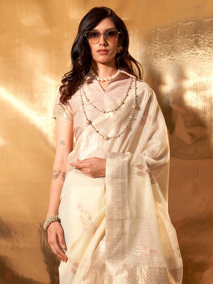 Cream Banarasi Linen Woven Saree