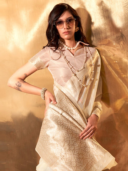 Cream Banarasi Linen Woven Saree